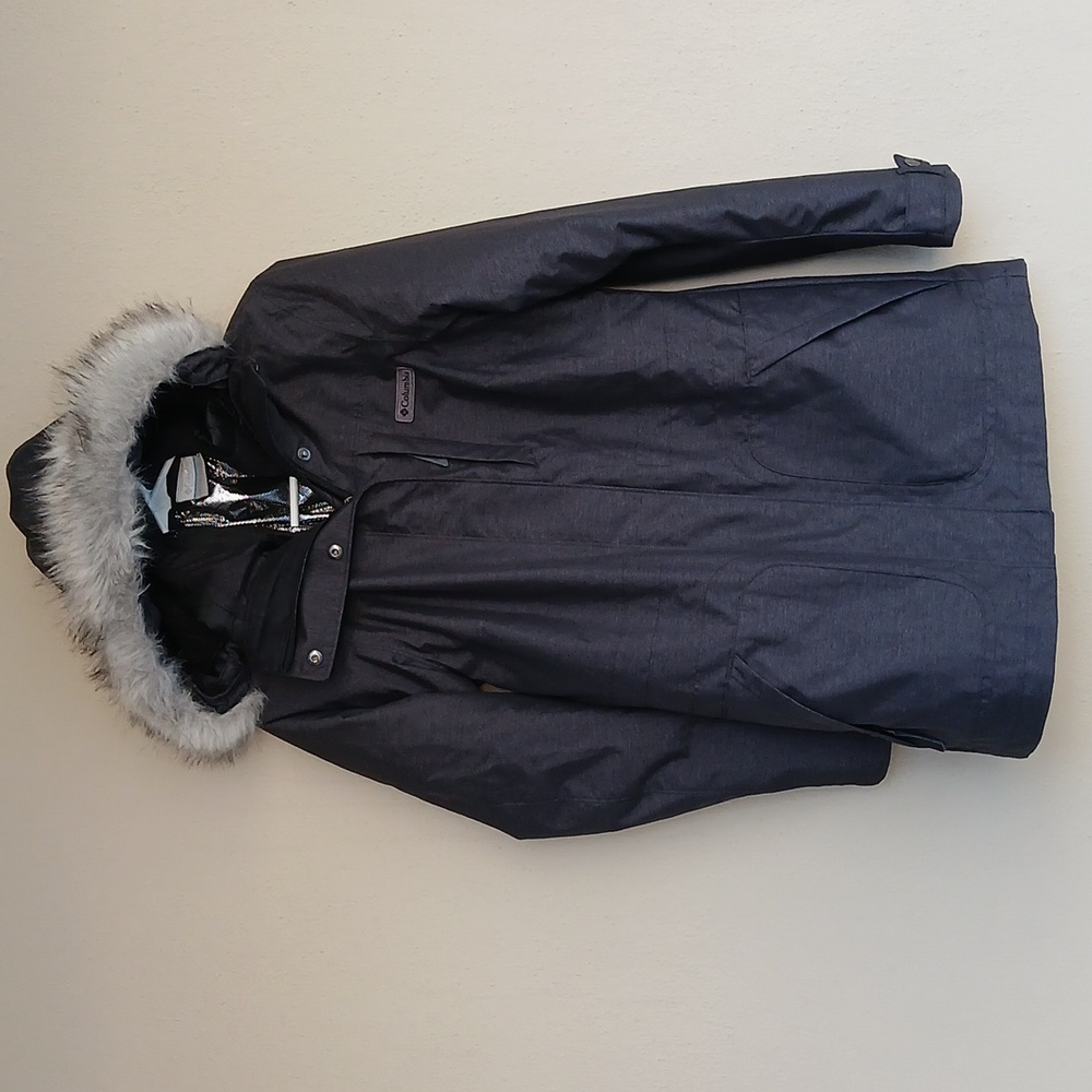 Columbia Ski Winter Jacket Liner Coat 2 Piece Omni Heat Fur Hood Gray Black XS